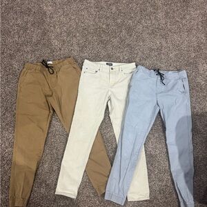 Men's Express cream jeans and Old Navy tan and grey joggers